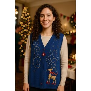 Ugly Christmas Sweater Holiday Glam Blue Reindeer Bling Embroider Zip Up L‎ Vest